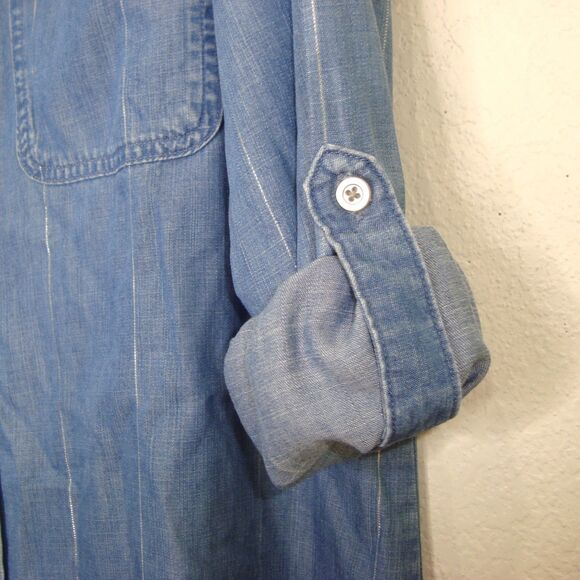 Side Stitch Chambray Button Front Tunic Roll-Tab Sleeve Women's M Silver Stripe - Picture 8 of 12